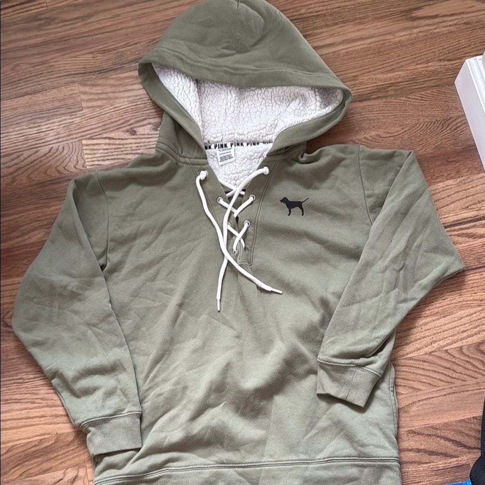 PINK Victoria's Secret Green Pullover Hoodie with Lace-Up Detail